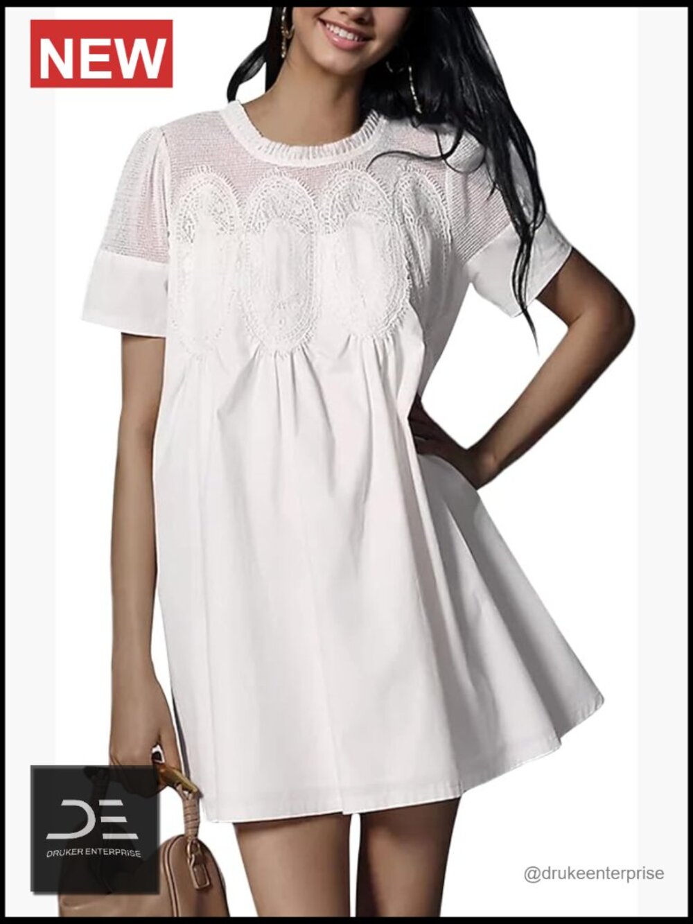 Lace Mini Babydoll Dress Ruffled Collar Short Sleeve Mesh Swing Sundress